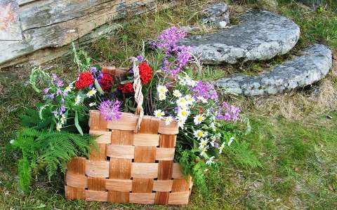Finnország, nyári virágok nyírfa kosárban, lépcsők régi malomkőből
