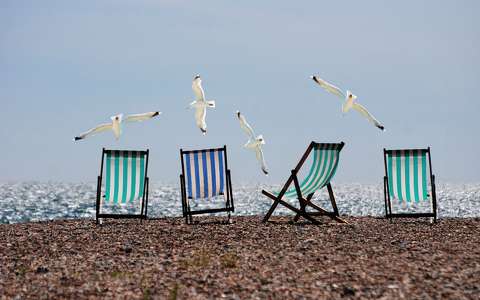 kék, fehér, zöld, tenger, sirály, nyaralás, nyár, napozás, csíkos napernyő, csíkos székek
