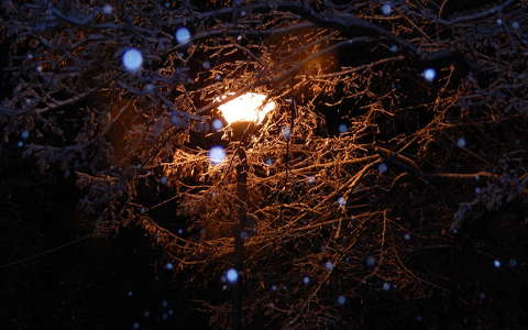 Éjszakai kép, lámpa a havazásban.