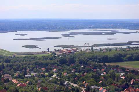 tó, sziget, falu, panoráma