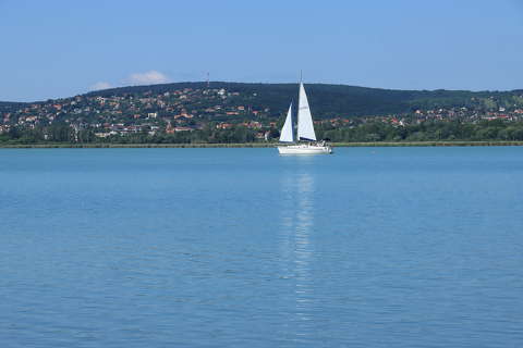 Kékló Balaton fehér vitorlással.