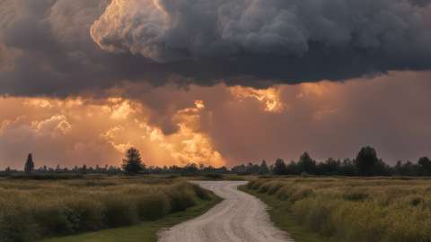 Viharfelhők, út, naplemente, puszta