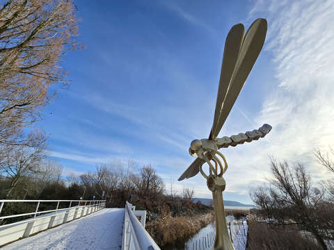 Balatonfűzfő, Balaton, híd, kikötő P.Kovács Péter miniszobor: szitakötő