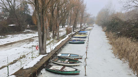 Balatonfűzfő, kikötő, köd, jég