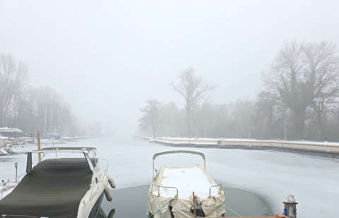 Balatonfűzfő, kikötő, köd, jég
