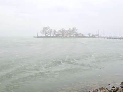 Balatonfüred, köd, móló, jég