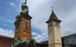 Eger, az egykori Dohánygyár tornya és a díszkút az Agria Parkban