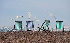 kék, fehér, zöld, tenger, sirály, nyaralás, nyár, napozás, csíkos napernyő, csíkos székek