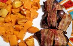 Birs, édesburgonya, bacon,csirkemáj