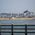 IJMUIDEN-NEDERLAND, View from the pier to the beach and Cruise-ship MSC Opera
