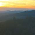 ősz, naplemente, falu, hegyek, erdő